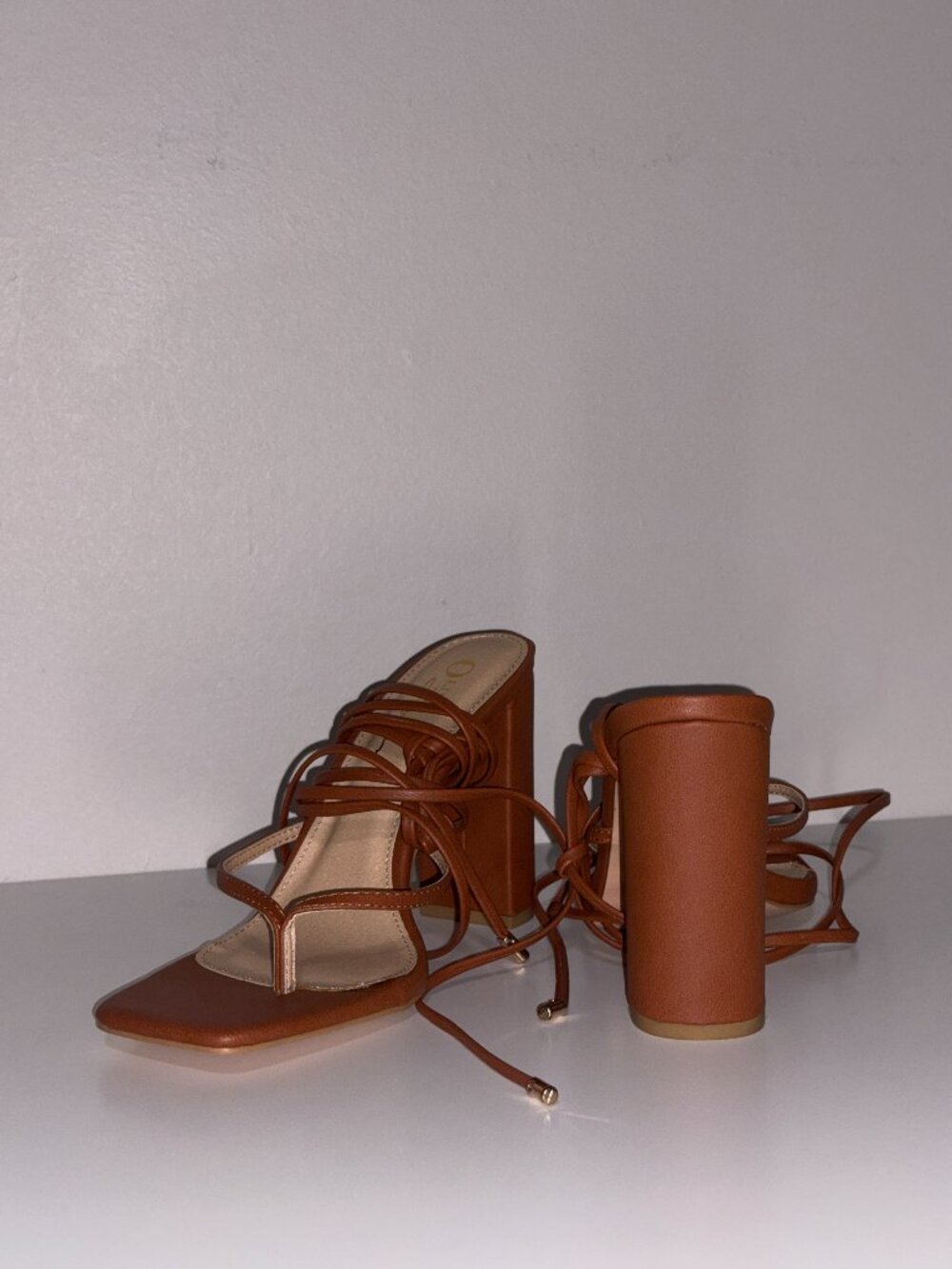 Cognac Brown Square Toe Lace-Up Thong Block Heel Sandal